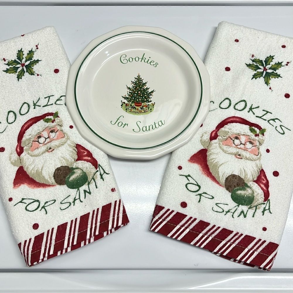 Cookies for Santa Set of Cotton Towels and Decorative Plate Christmas Holiday